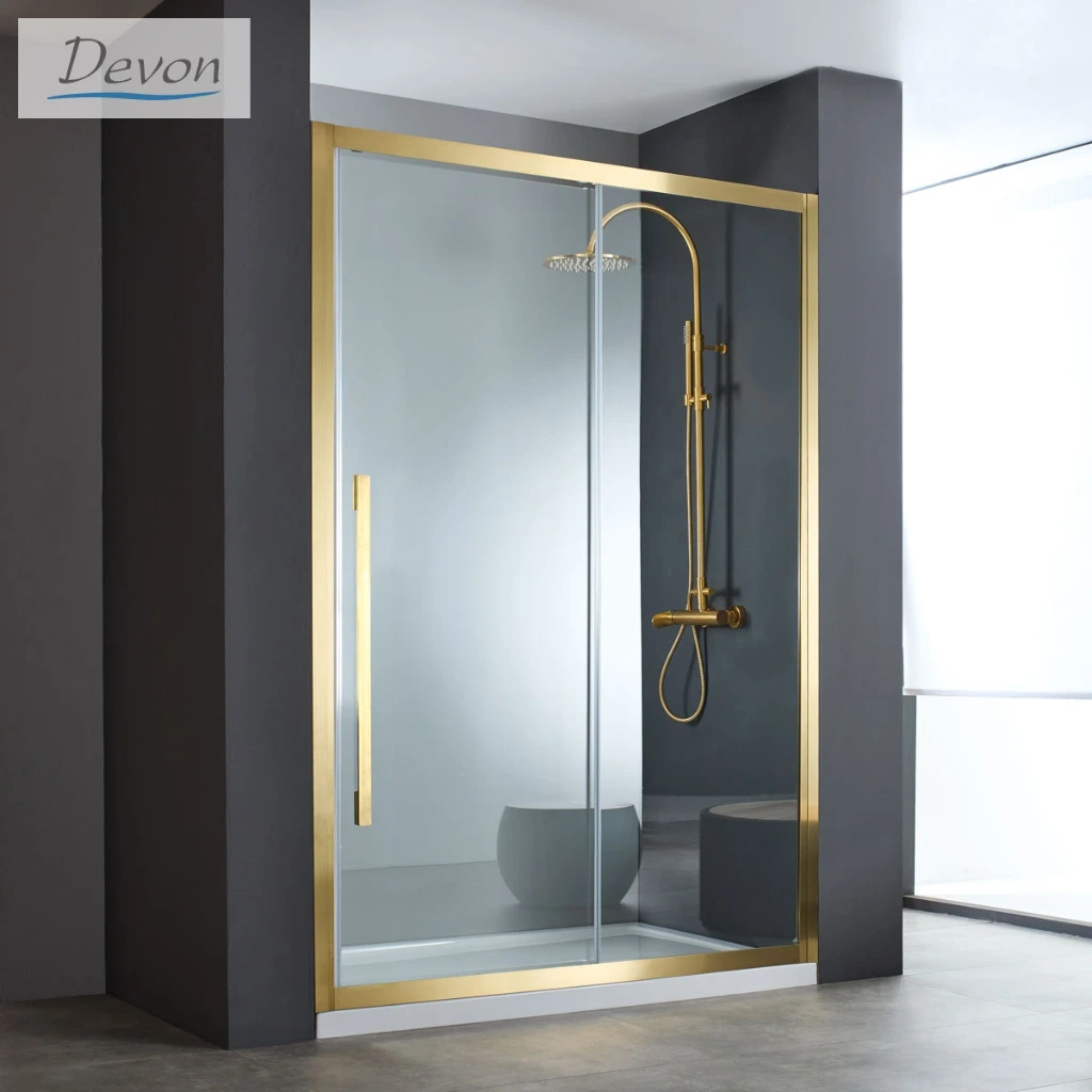Sliding Shower Door Noxx 100, Height 200cm, Adjustable From 97 To 99cm, Devon Clean Glass AISI304 PVD Gold Brushed